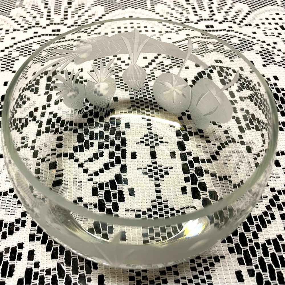 Vintage crystal bowl with frosted etched vegetables and fruit